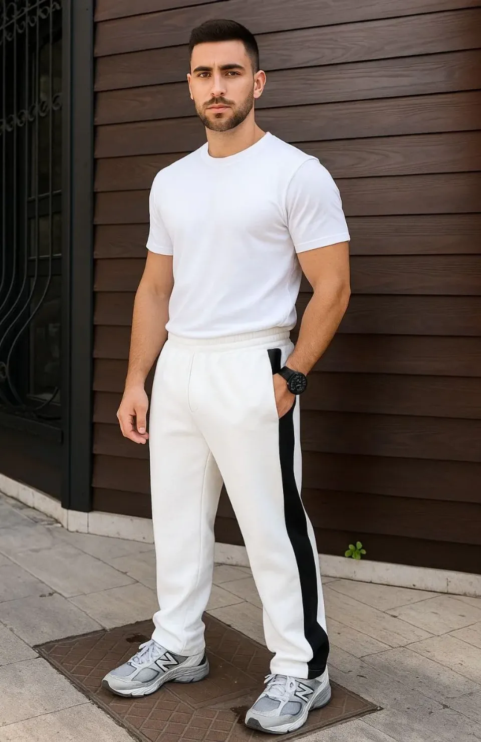 Erkek Üç İplik Kışlık Pamuklu Yandan Garneli Kalın Şeritli Cepli Eşofman Altı - Beyaz