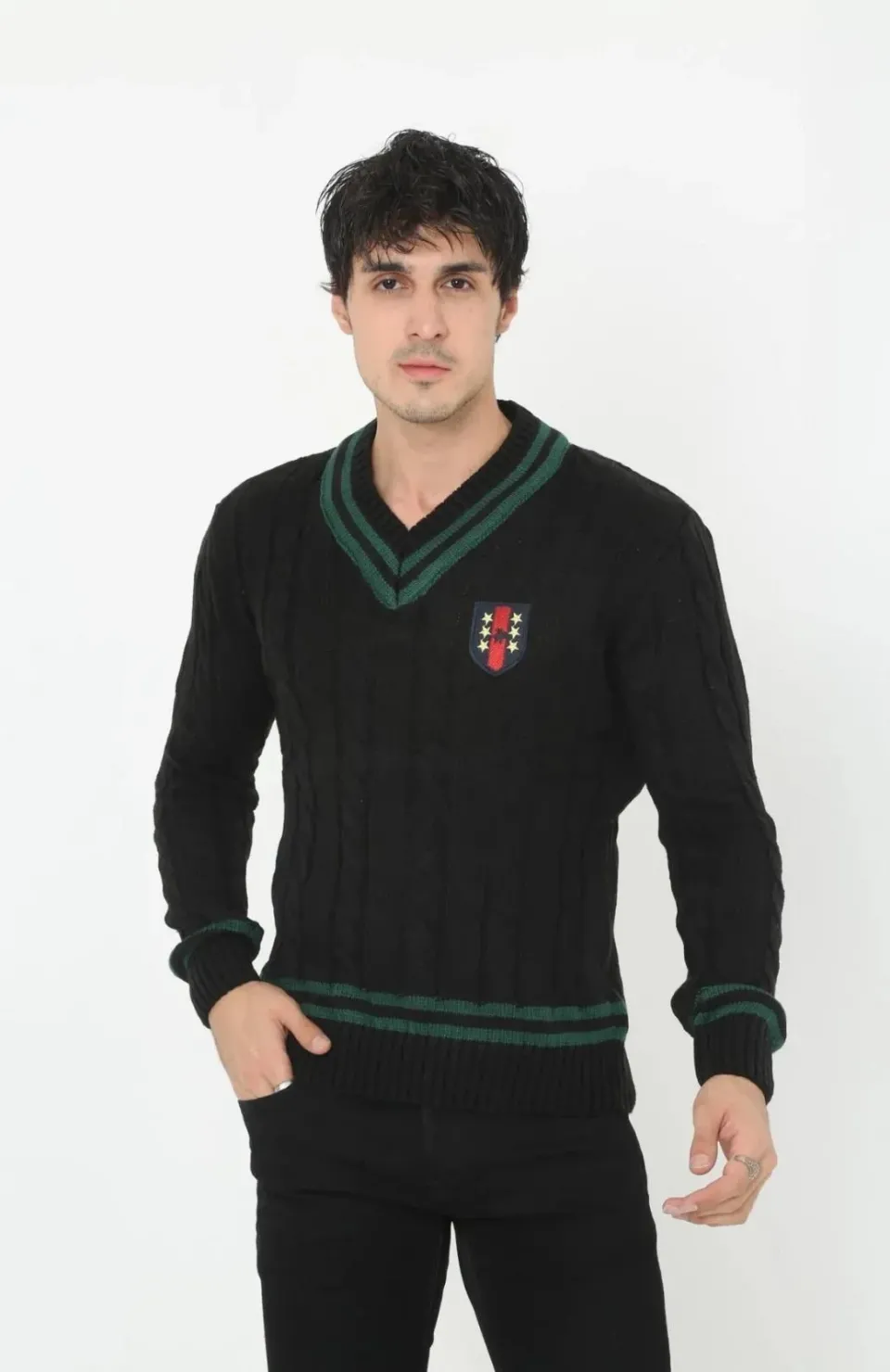 Erkek V Yaka Örgülü Kazak - Siyah