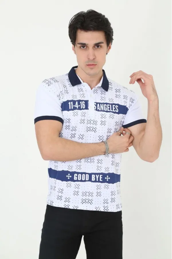 Erkek Yakalı Slim Fit Baskılı T-Shirt - Beyaz