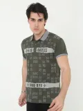 Erkek Yakalı Slim Fit Baskılı T-Shirt - Haki
