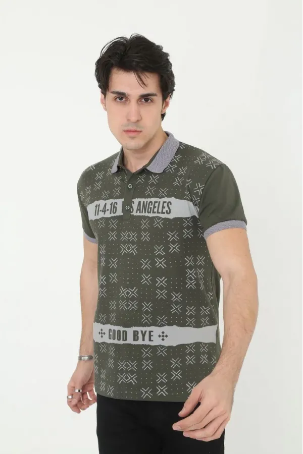 Erkek Yakalı Slim Fit Baskılı T-Shirt - Haki