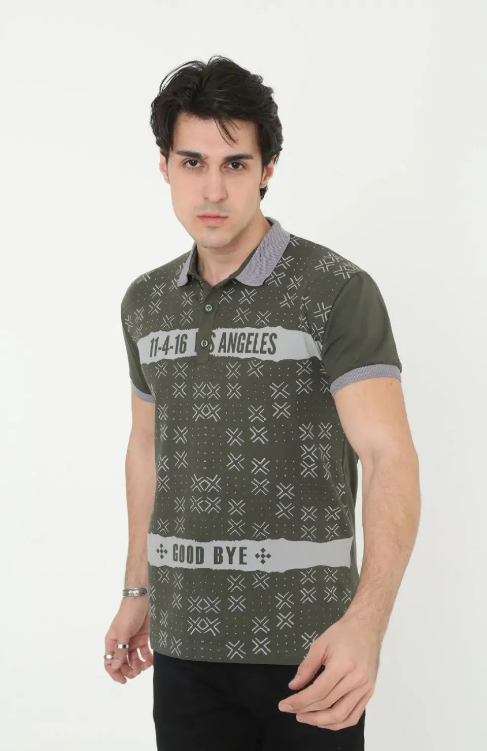 Erkek Yakalı Slim Fit Baskılı T-Shirt - Haki Somersan Giyim | Kadın, Erkek ve Çocuk Moda