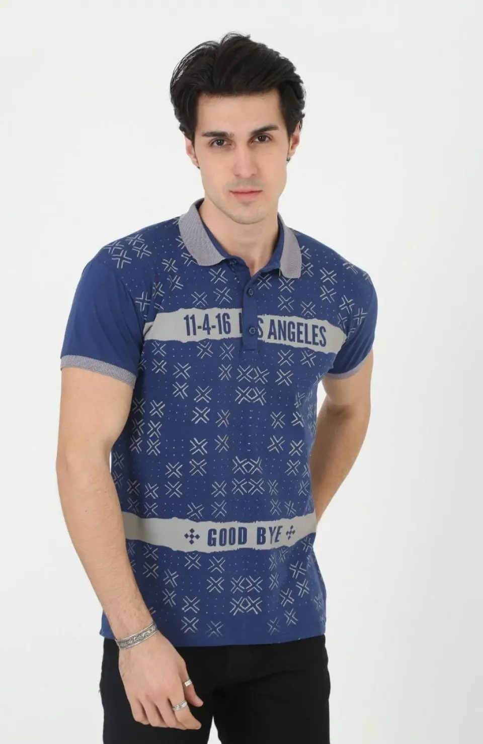 Erkek Yakalı Slim Fit Baskılı T-Shirt - Mavi Somersan Giyim | Kadın, Erkek ve Çocuk Moda