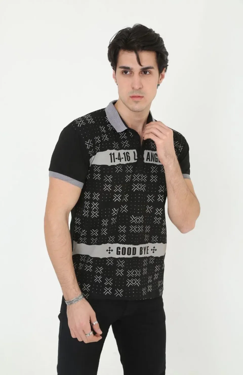 Erkek Yakalı Slim Fit Baskılı T-Shirt - Siyah Somersan Giyim | Kadın, Erkek ve Çocuk Moda