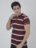Erkek Yakalı Slim Fit Dokuma Çizgili T-Shirt - Bordo