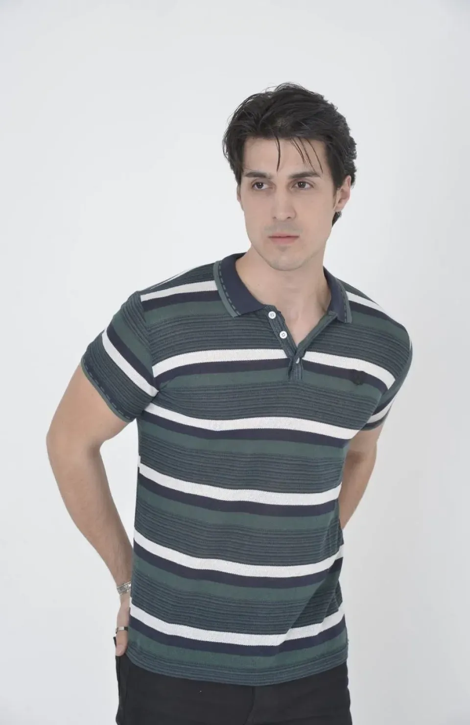 Erkek Yakalı Slim Fit Dokuma Çizgili T-Shirt - Haki Somersan Giyim | Kadın, Erkek ve Çocuk Moda