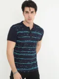 Erkek Yakalı Slim Fit Pike Çizgili T-Shirt - Lacivert