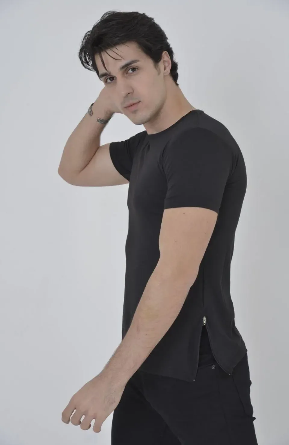 Erkek Yandan Fermuarli Slim fit T-shirt - Siyah