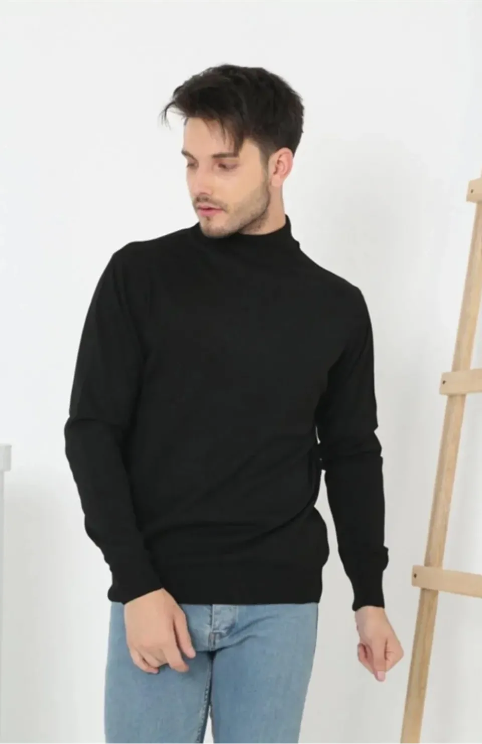 Erkek Yarım Balıkçı Yaka Triko Kazak - Siyah