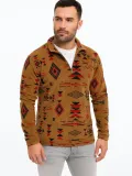 Erkek Yarım Fermuarlı Desenli Polar Sweat Tribal Etnik Desen Yakalı, Uzun Kollu, Oversize Rahat Kalıp, - Kahverengi