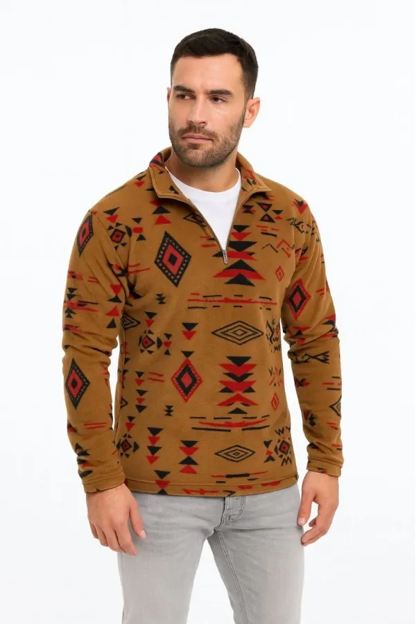 Erkek Yarım Fermuarlı Desenli Polar Sweat Tribal Etnik Desen Yakalı, Uzun Kollu, Oversize Rahat Kalıp, - Kahverengi