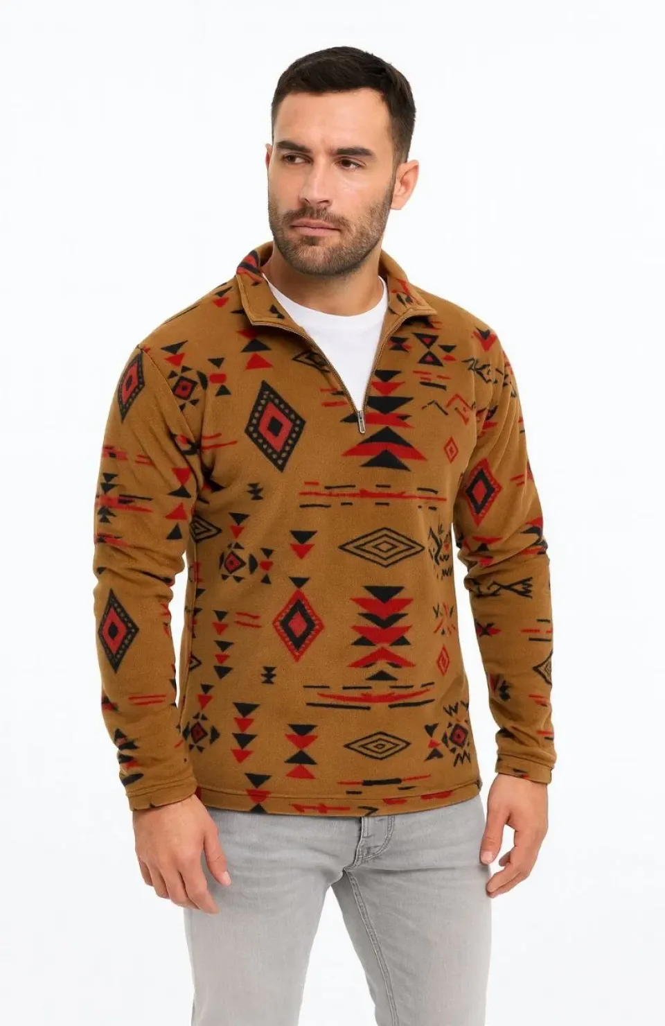 Erkek Yarım Fermuarlı Desenli Polar Sweat Tribal Etnik Desen Yakalı, Uzun Kollu, Oversize Rahat Kalıp, - Kahverengi