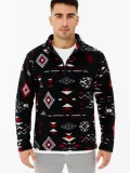 Erkek Yarım Fermuarlı Desenli Polar Sweat Tribal Etnik Desen Yakalı, Uzun Kollu, Oversize Rahat Kalıp, - Siyah