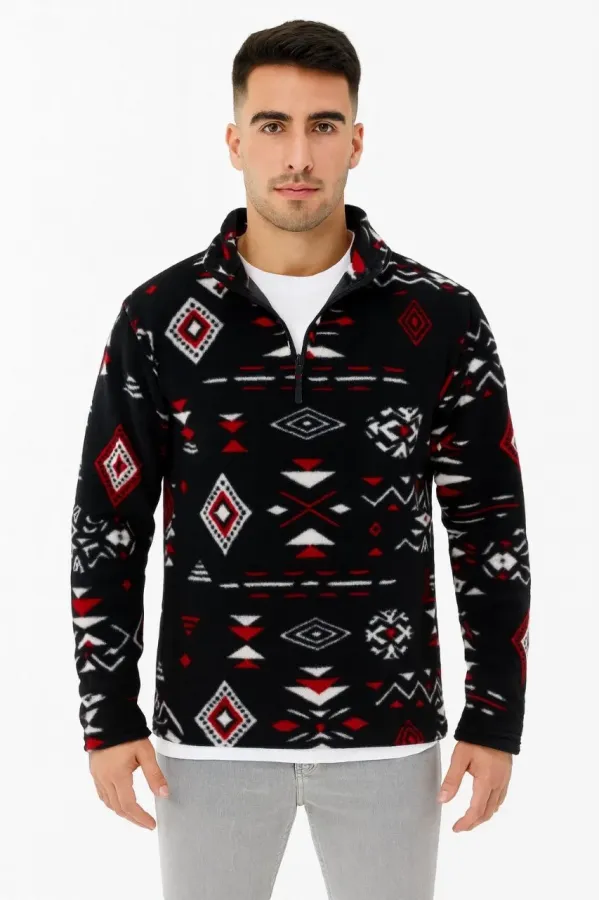 Erkek Yarım Fermuarlı Desenli Polar Sweat Tribal Etnik Desen Yakalı, Uzun Kollu, Oversize Rahat Kalıp, - Siyah