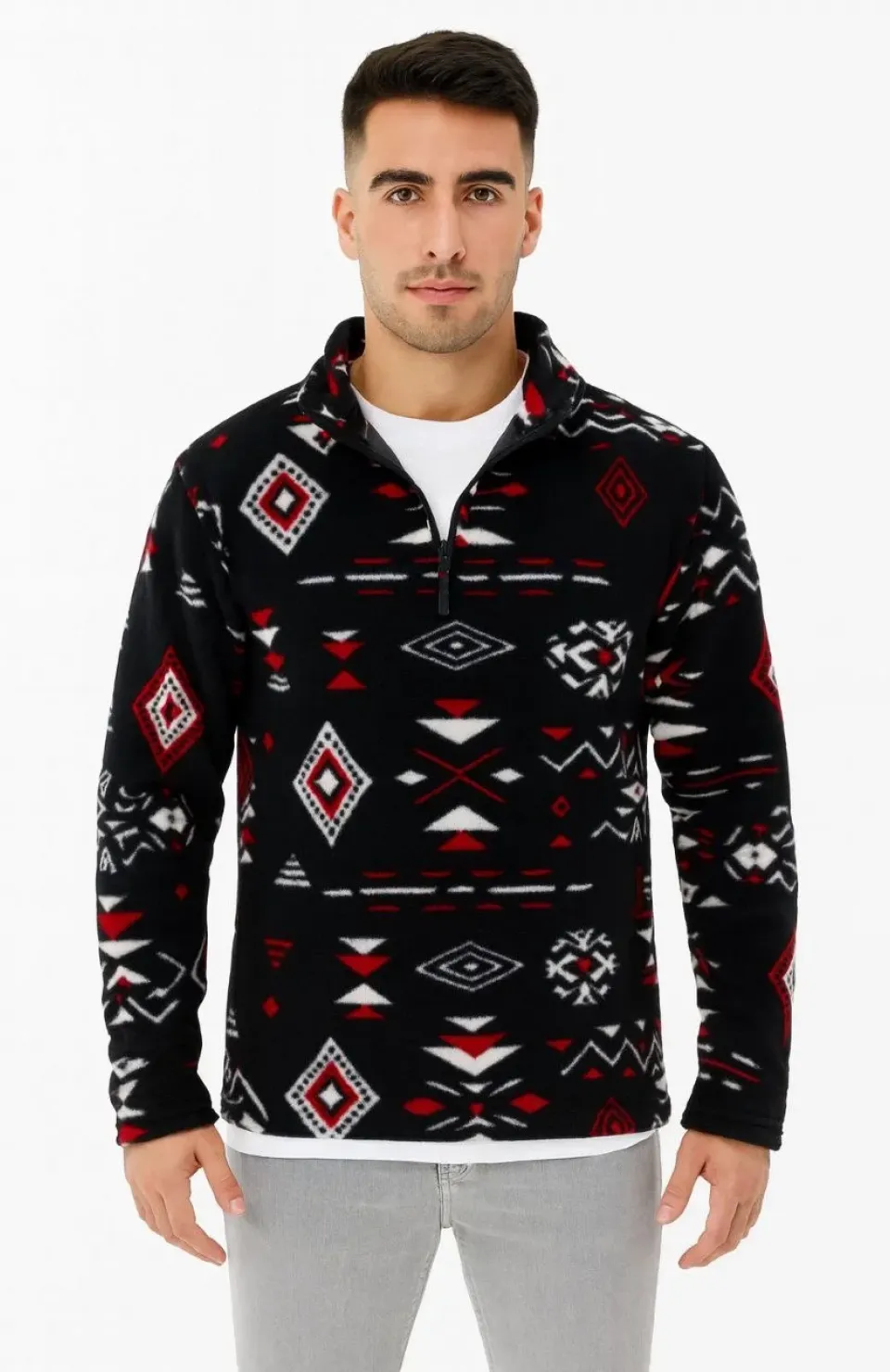 Erkek Yarım Fermuarlı Desenli Polar Sweat Tribal Etnik Desen Yakalı, Uzun Kollu, Oversize Rahat Kalıp, - Siyah