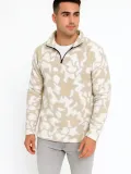 Erkek Yarım Fermuarlı Desenli Polar Sweat Yakalı, Uzun Kollu, Oversize Rahat Kalıp - Bej