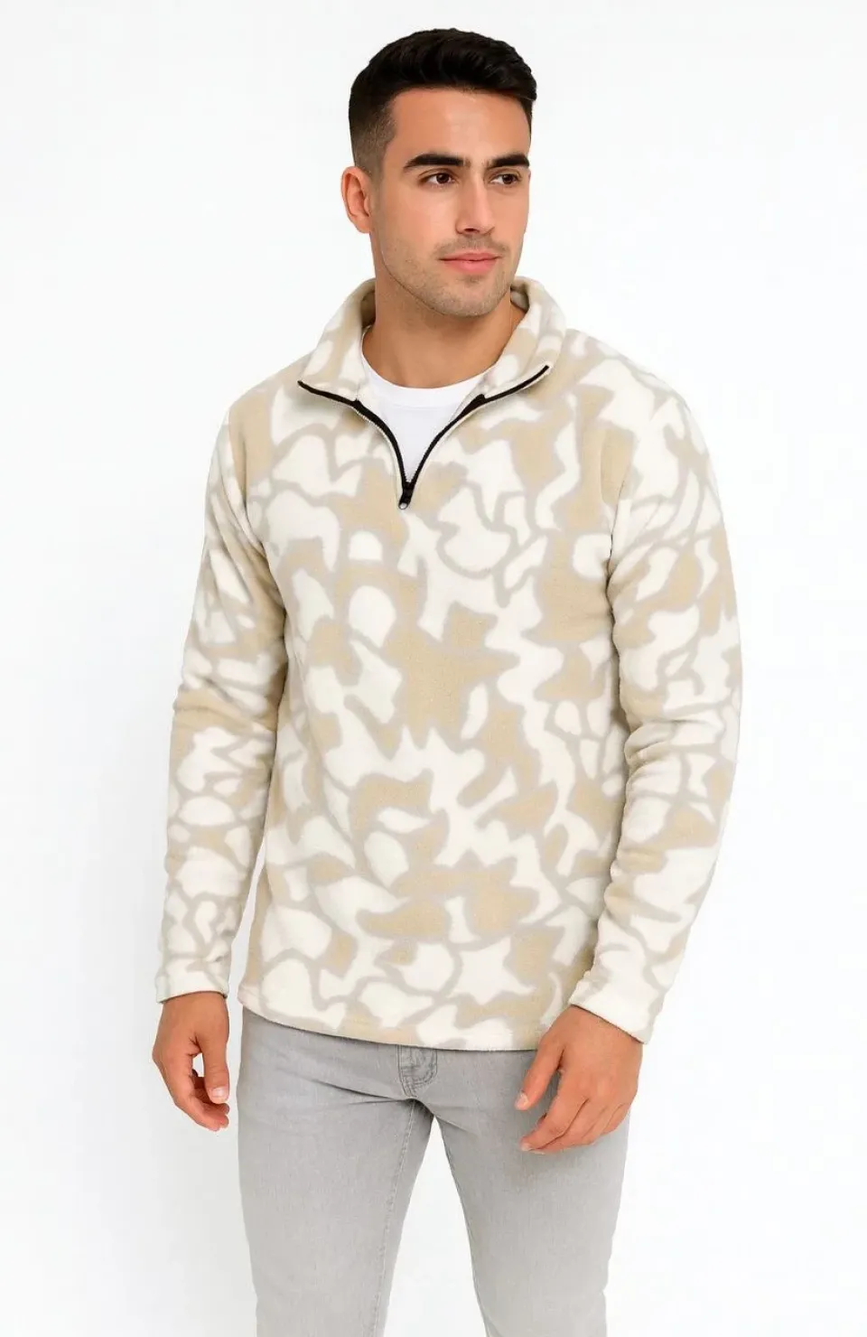 Erkek Yarım Fermuarlı Desenli Polar Sweat Yakalı, Uzun Kollu, Oversize Rahat Kalıp - Bej
