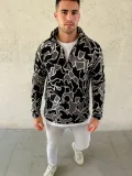 Erkek Yarım Fermuarlı Desenli Polar Sweat Yakalı, Uzun Kollu, Oversize Rahat Kalıp - Siyah