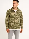 Erkek Yarım Fermuarlı Desenli Polar Sweat – Haki Kamuflaj Yakalı, Uzun Kollu, Oversize Rahat Kalıp - Haki