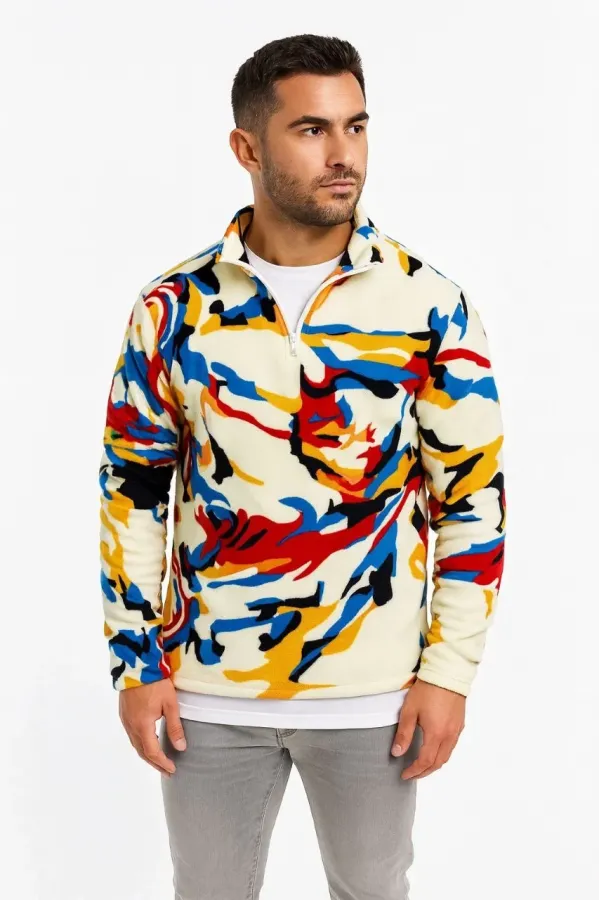 Erkek Yarım Fermuarlı Desenli Polar Sweat – Renkli Abstract Desen Yakalı, Uzun Kollu, Oversize Rahat Kalıp, - Beyaz