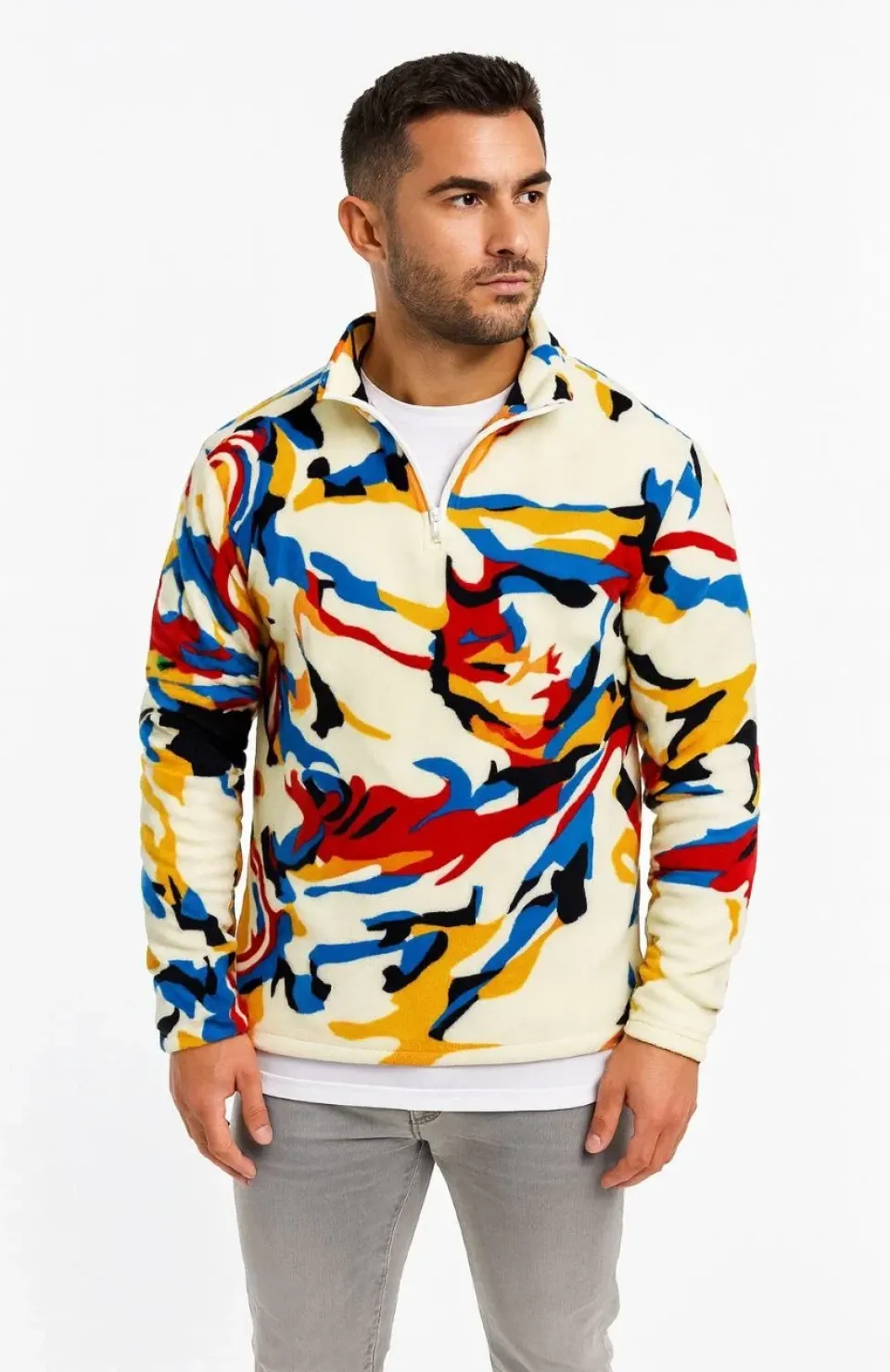 Erkek Yarım Fermuarlı Desenli Polar Sweat – Renkli Abstract Desen Yakalı, Uzun Kollu, Oversize Rahat Kalıp, - Beyaz