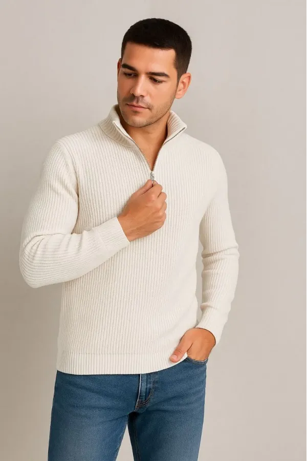 Erkek Yarım Fermuarlı Triko Kazak – Selanik Örgü, Dik Yaka, Pamuklu Dokuma, Regular Fit Uzun Kollu Kışlık Model - Beyaz