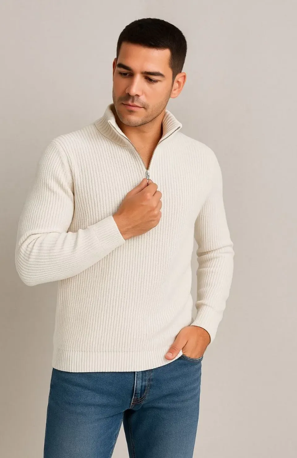 Erkek Yarım Fermuarlı Triko Kazak – Selanik Örgü, Dik Yaka, Pamuklu Dokuma, Regular Fit Uzun Kollu Kışlık Model - Beyaz Somersan Giyim | Kadın, Erkek ve Çocuk Moda