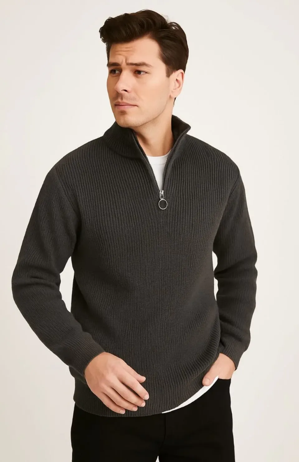 Erkek Yarım Fermuarlı Triko Kazak – Selanik Örgü, Dik Yaka, Pamuklu Dokuma, Regular Fit Uzun Kollu Kışlık Model - Füme Somersan Giyim | Kadın, Erkek ve Çocuk Moda