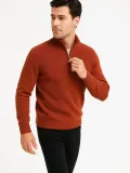 Erkek Yarım Fermuarlı Triko Kazak – Selanik Örgü, Dik Yaka, Pamuklu Dokuma, Regular Fit Uzun Kollu Kışlık Model - Kiremit