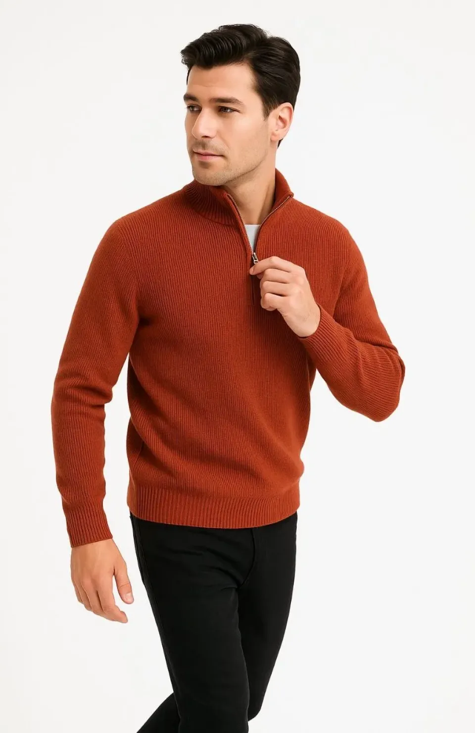 Erkek Yarım Fermuarlı Triko Kazak – Selanik Örgü, Dik Yaka, Pamuklu Dokuma, Regular Fit Uzun Kollu Kışlık Model - Kiremit