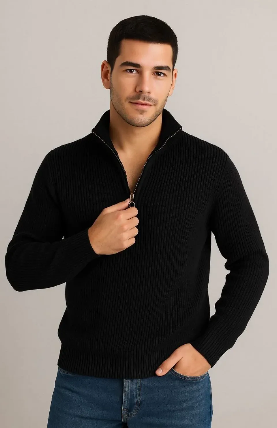 Erkek Yarım Fermuarlı Triko Kazak – Selanik Örgü, Dik Yaka, Pamuklu Dokuma, Regular Fit Uzun Kollu Kışlık Model - Siyah Somersan Giyim | Kadın, Erkek ve Çocuk Moda