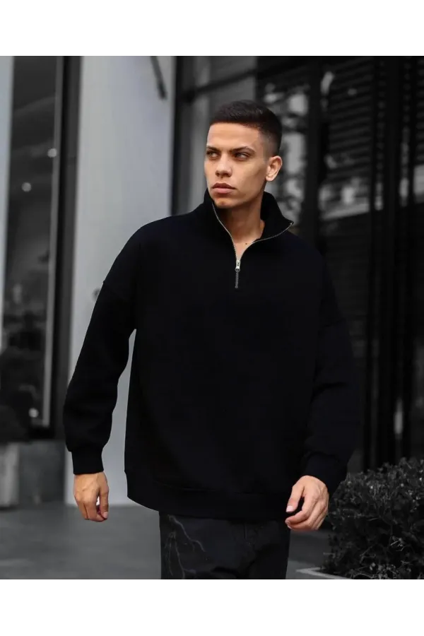 Erkek Yarım Fermuarlı Üç İplik Sweatshirt - Siyah