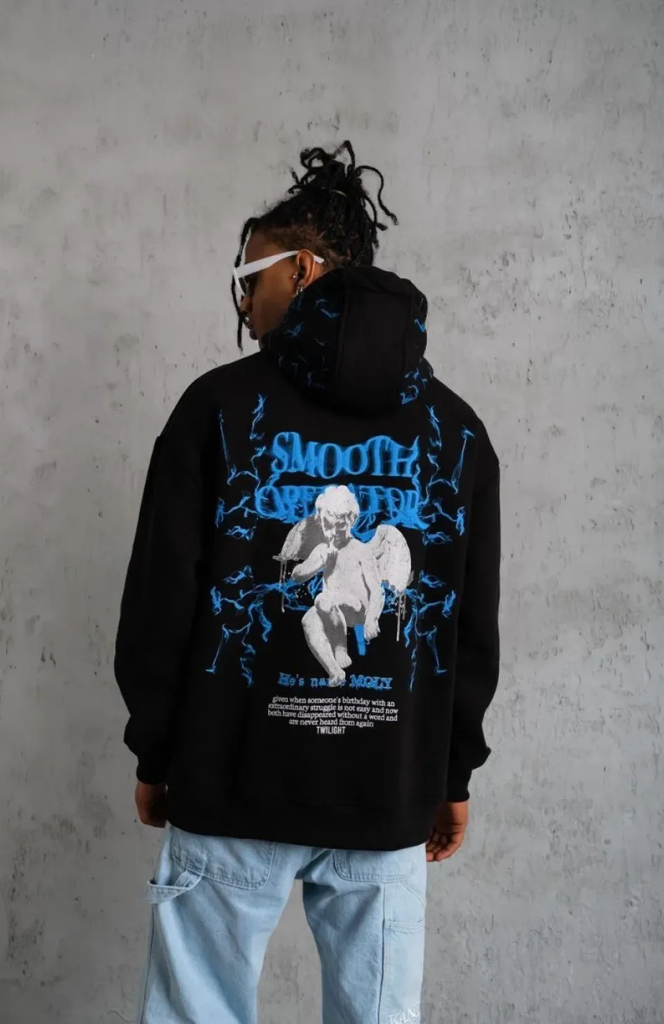 Erkek Yıldırım Baskılı Kapşonlu Sweat - Siyah