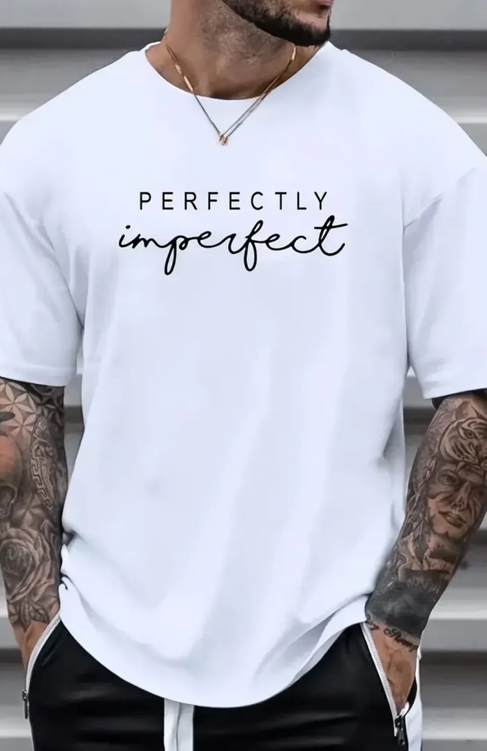 erkekler için Ön Arka Baskılı PERFECTLY günlük Kısa Kol tişört - Beyaz