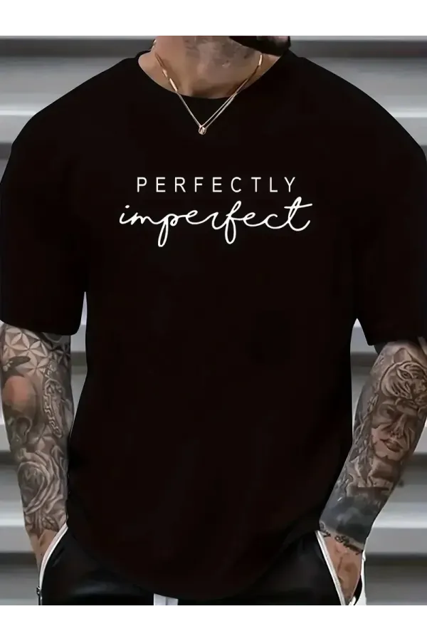 erkekler için Ön Arka Baskılı PERFECTLY günlük Kısa Kol tişört - Siyah