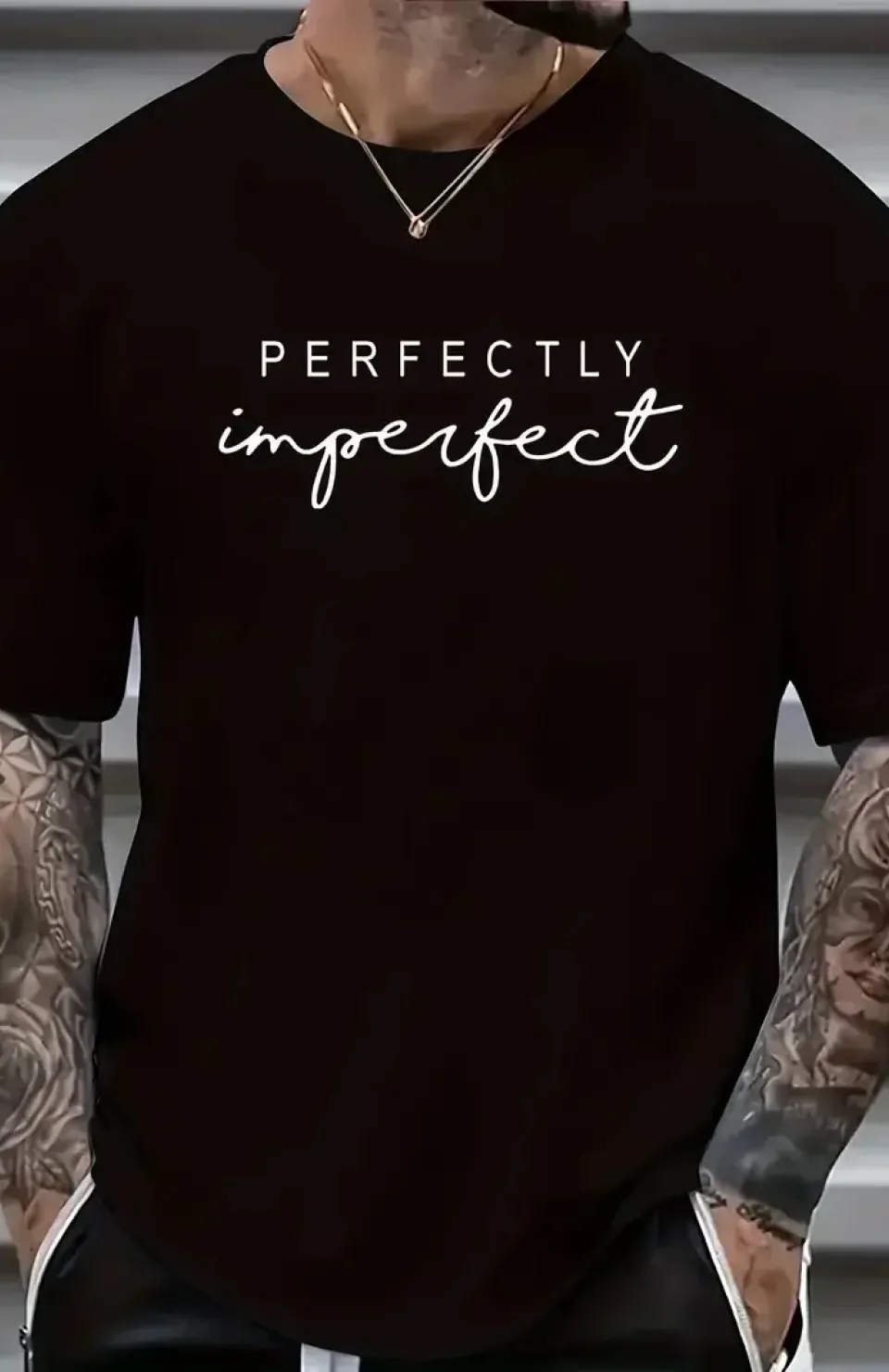 erkekler için Ön Arka Baskılı PERFECTLY günlük Kısa Kol tişört - Siyah