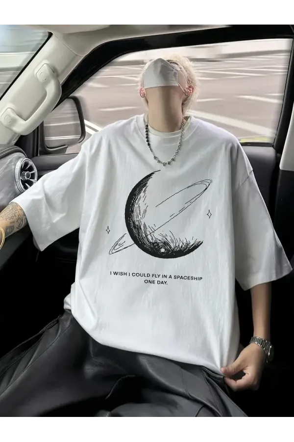 Erkekler için Siyah Tişört Grafik Genç Emo Vintage Gotik Rahat Büyük Beden Kısa Kollu Tişört Giysi Üst - Beyaz