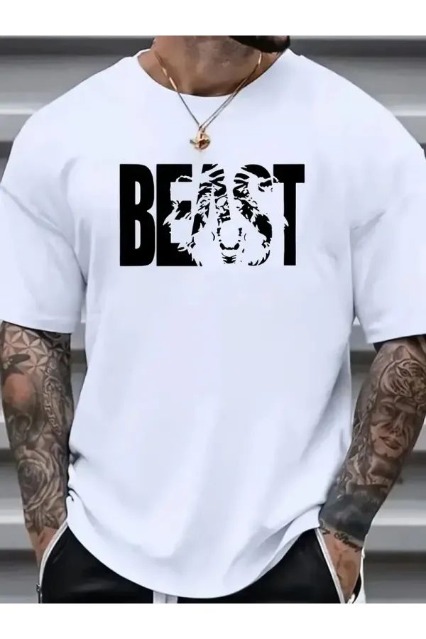 Eşsiz Baskı Tasarımlı Şık Büyük Beden Erkek Tişörtü - Rahat Polyester, Makinede Yıkanabilir, Yuvarlak Yaka - Her Mevsim İçin Mükemmel - Beyaz
