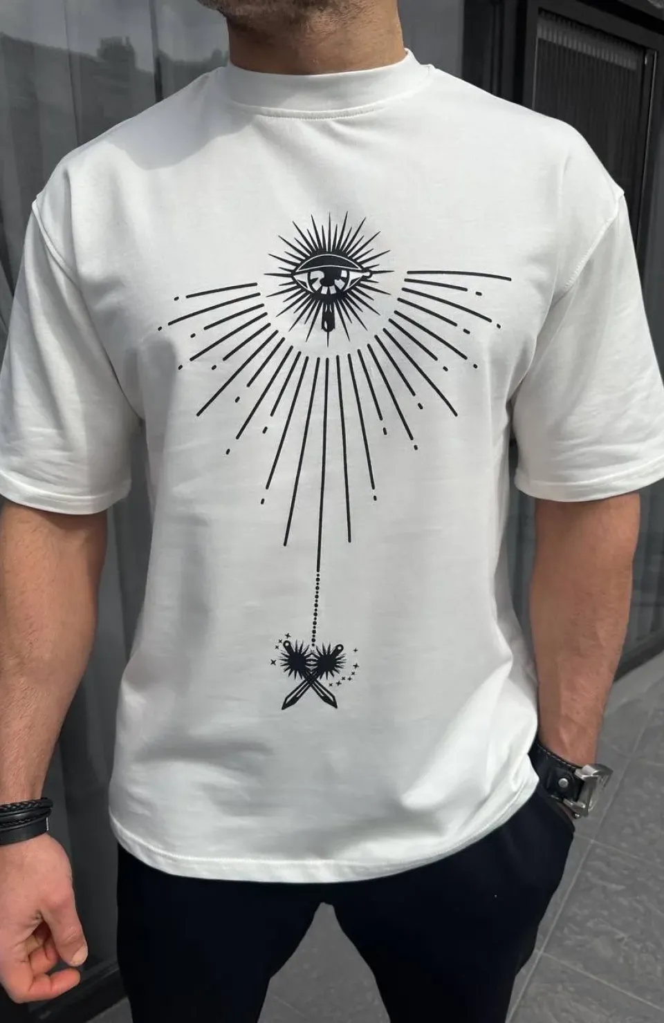 Unisex Bisiklet Yaka Baskılı Oversize T-Shirt - Beyaz