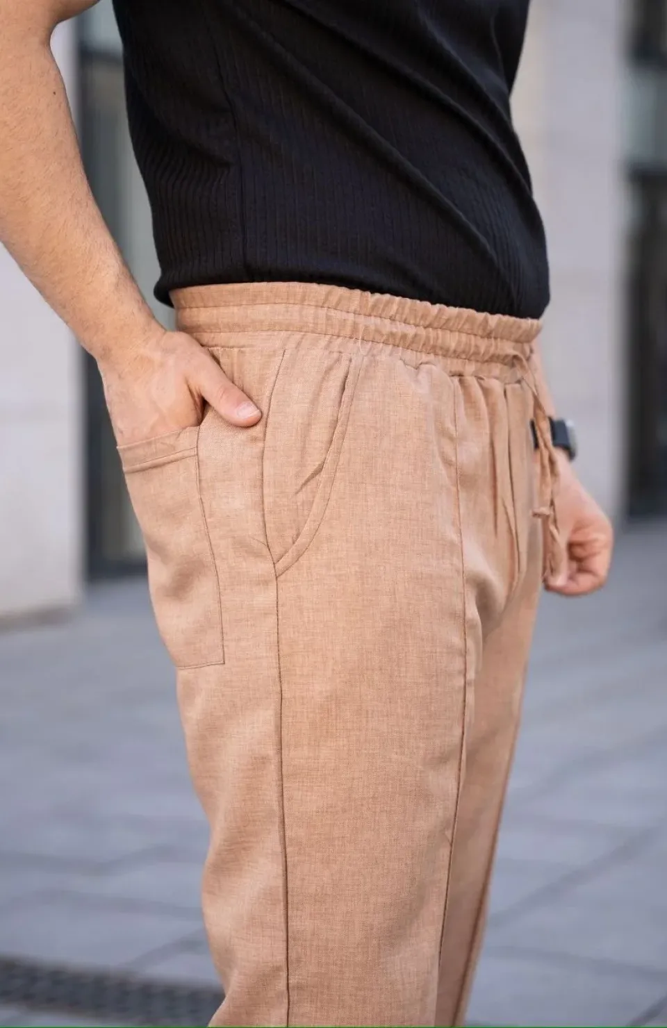 Erkek Keten Cepli Çıma Dikişli jogger Buggy Pantalon Rahat kalıp - Kahverengi