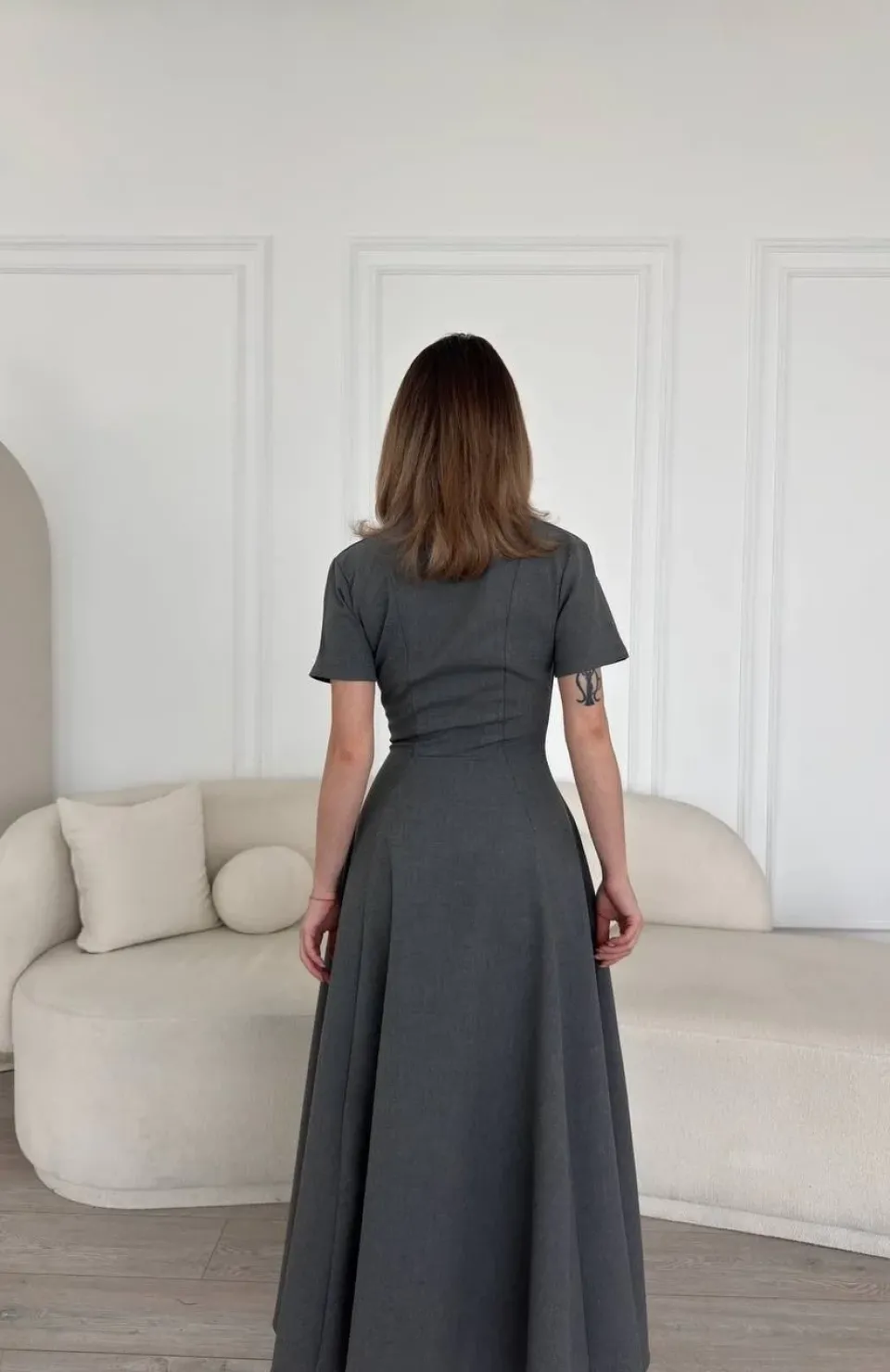 Kısa Kollu Önden Fermuarlı Çan Etekli Uzun Elbise - Antrasit