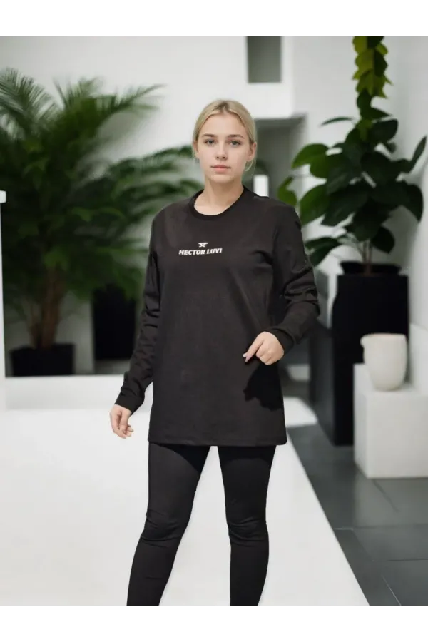 Unisex Bisiklet Yaka Uzun Kollu T-Shirt - Siyah