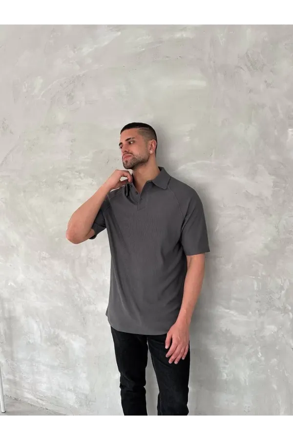 Yakalı Patlı Kısa Kol T-shirt - Antrasit