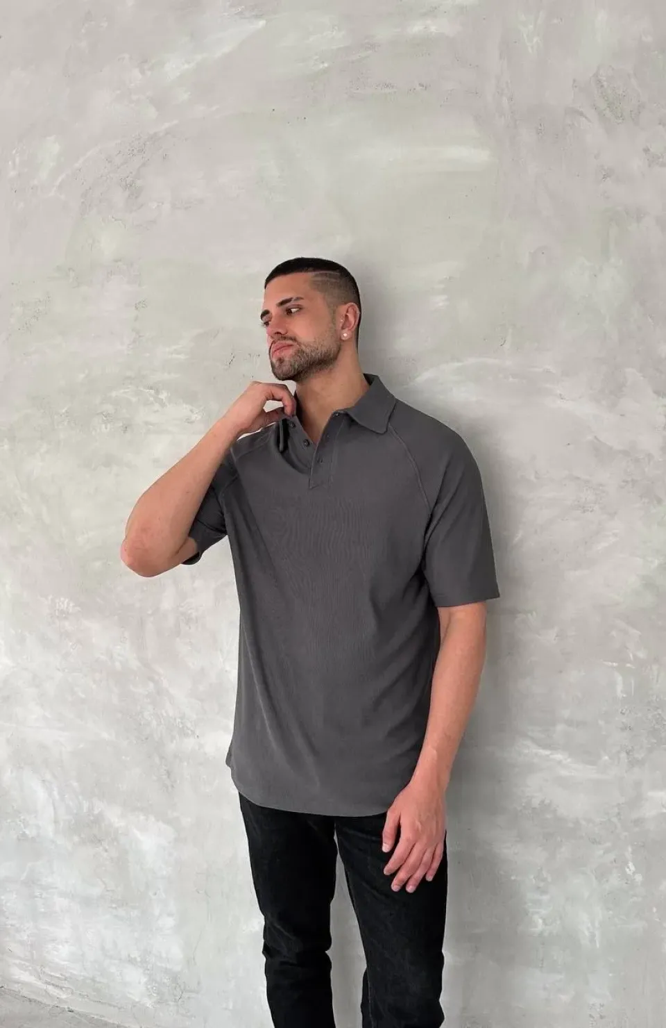 Yakalı Patlı Kısa Kol T-shirt - Antrasit