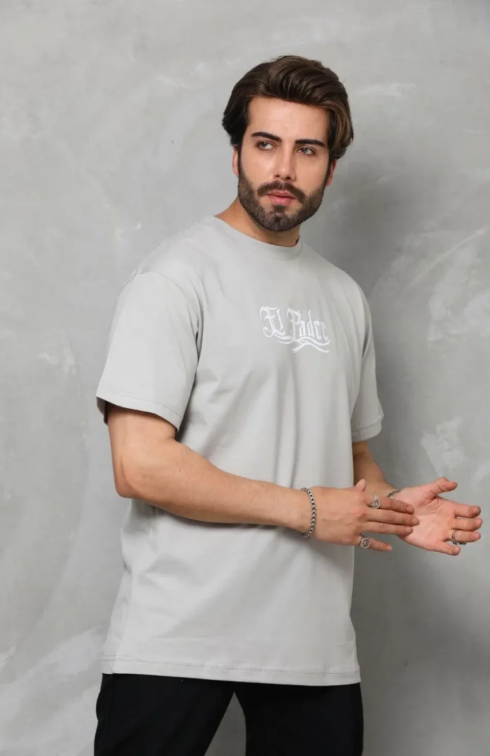 Unisex Bisiklet Yaka Baskılı Oversize T-Shirt - Gri