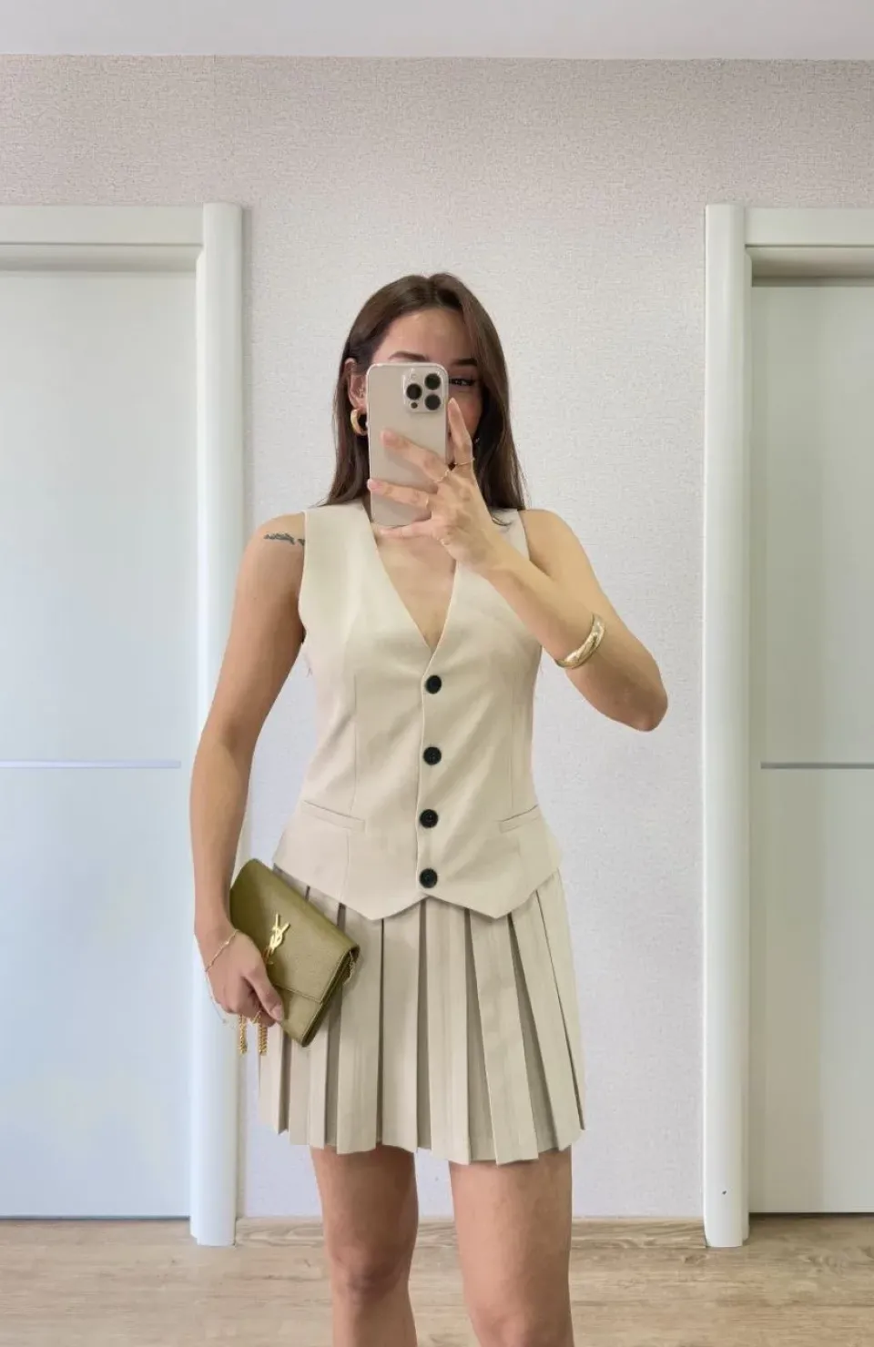 Keten Takım Görünümlü Düğme Detaylı Yelekli Mini Elbise - Bej