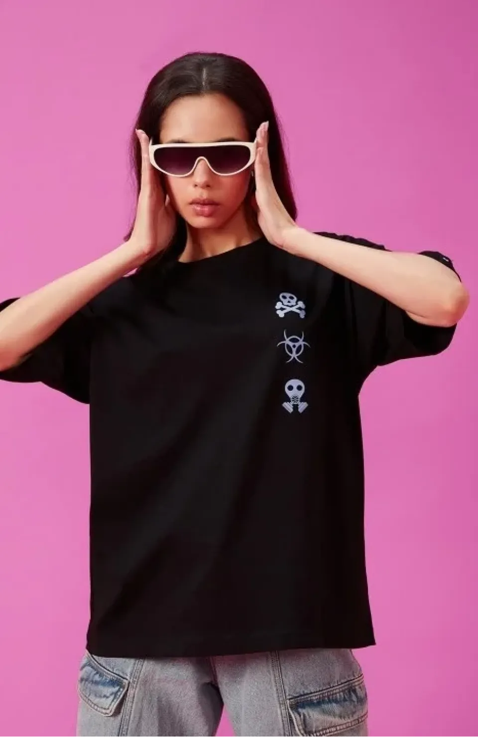 Kadın Baskılı Oversize T-shirt - Siyah