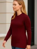 Kadın Bisiklet Yuvarlak Yaka Triko Kazak Pamuklu Kalın Fitilli Dokuma, Regular Fit Uzun Kollu Kışlık Model - Bordo