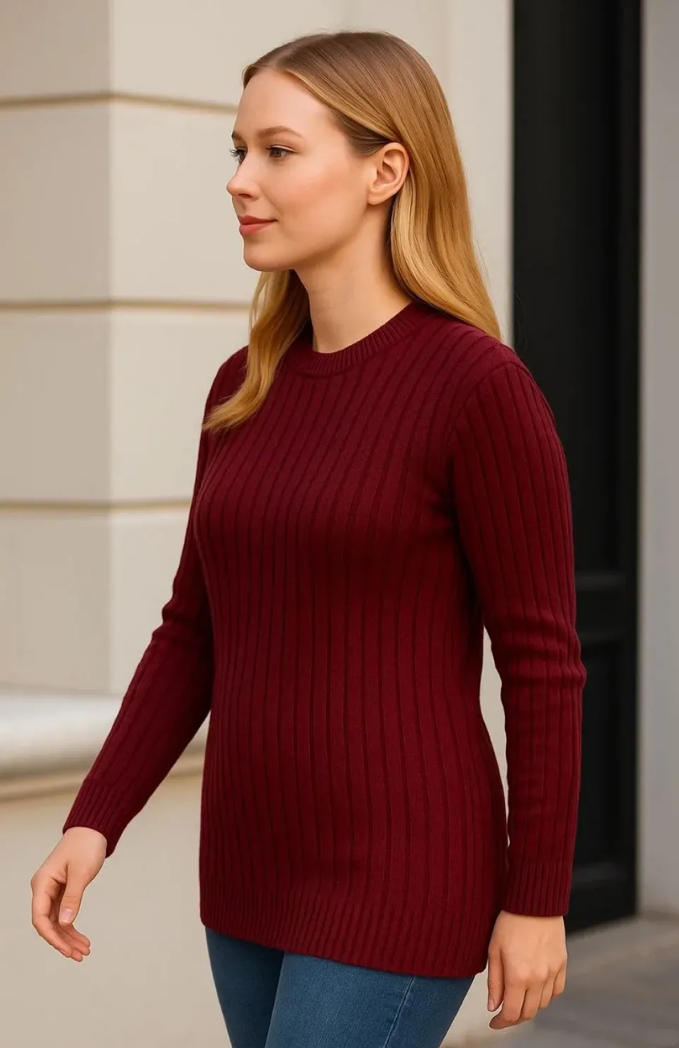 Kadın Bisiklet Yuvarlak Yaka Triko Kazak Pamuklu Kalın Fitilli Dokuma, Regular Fit Uzun Kollu Kışlık Model - Bordo