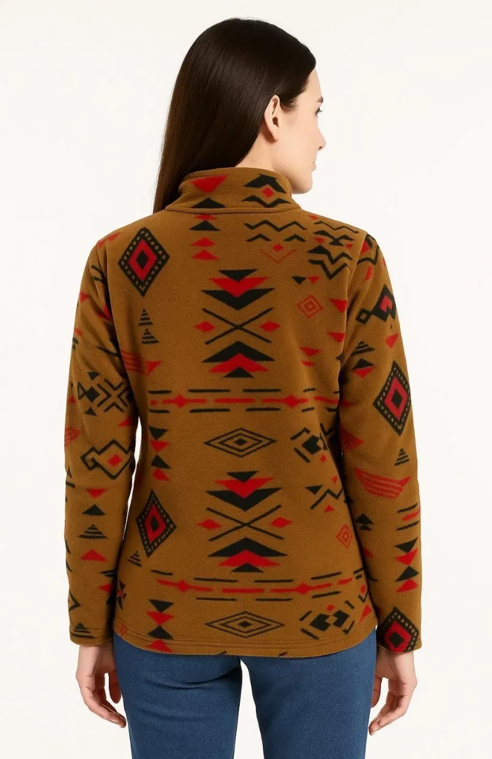 Kadın Yarım Fermuarlı Desenli Polar Sweat Tribal Etnik Desen Yakalı, Uzun Kollu, Oversize Rahat Kalıp - Kahverengi